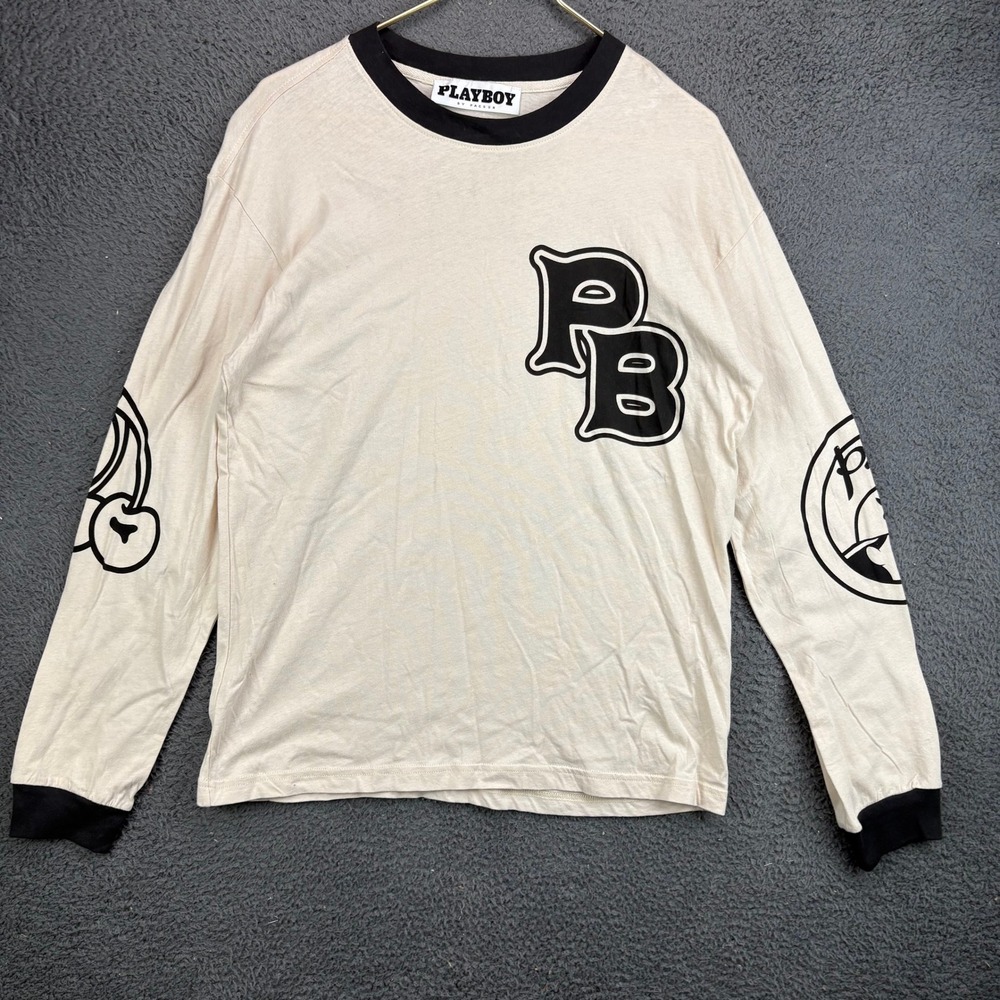 Playboy by PacSun Mens Long Sleeve Graphic T-Shirt Off White Cream Small PB
